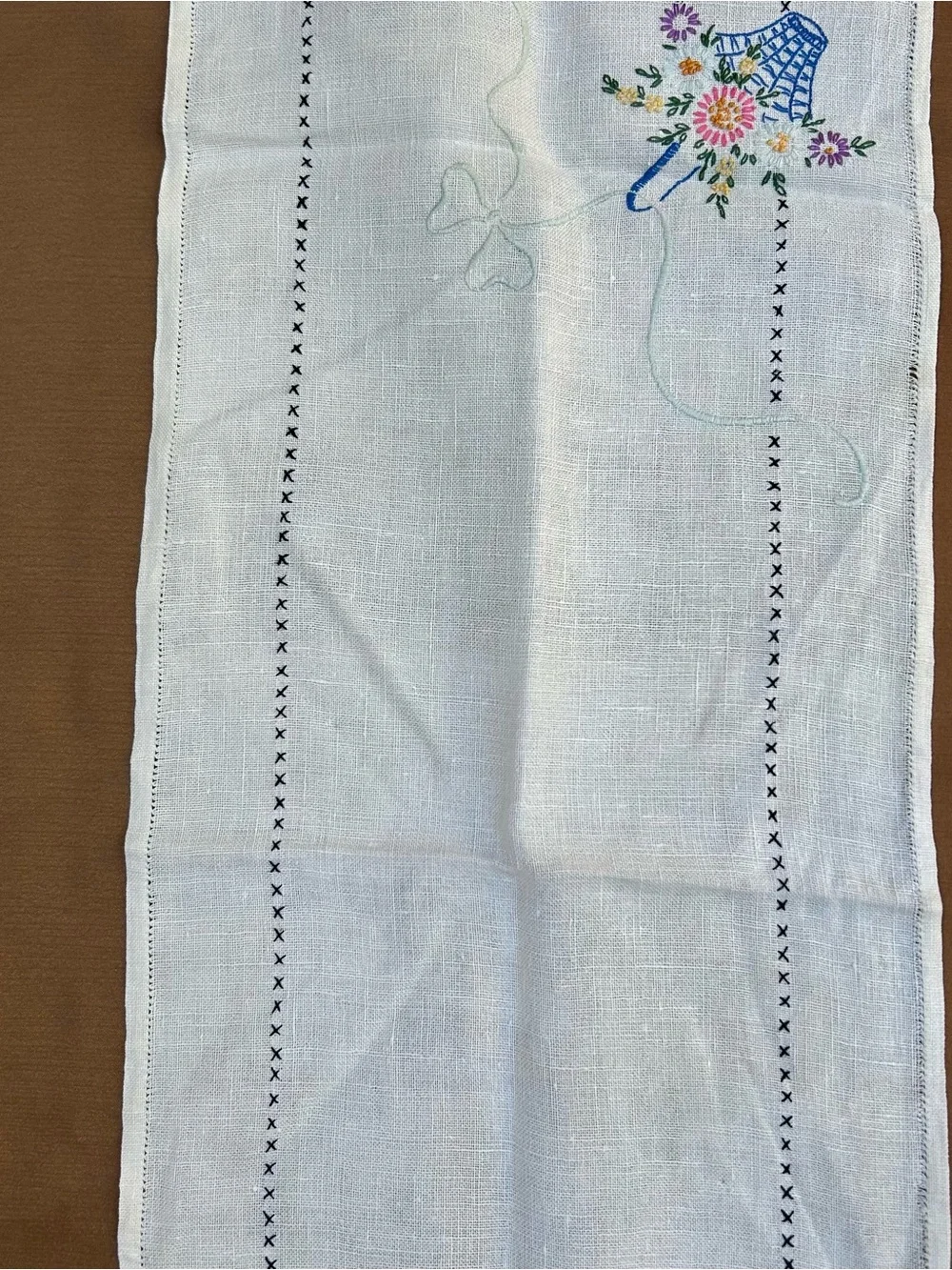 Vintage Hand-embroidered Runner Basket Floral Cross Stitch 40